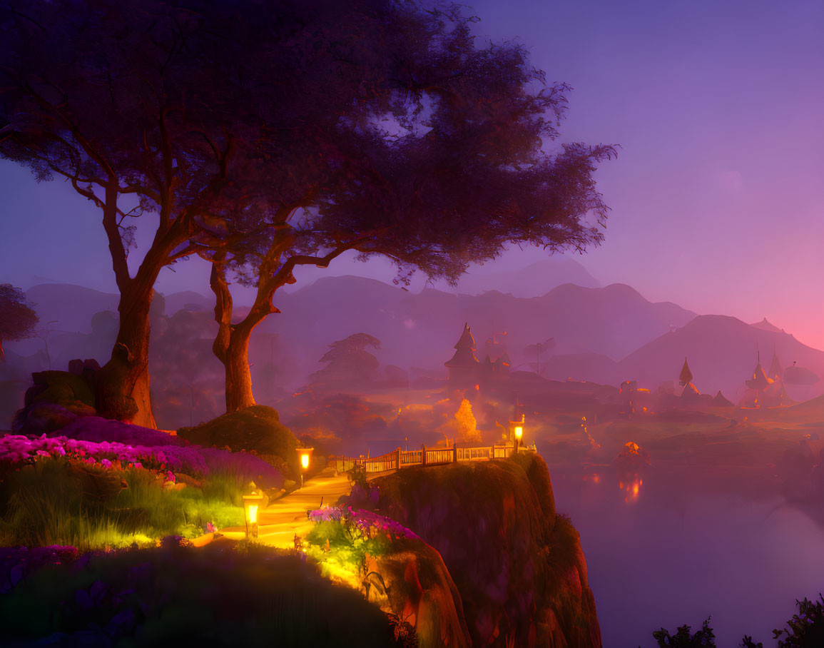 Tranquil fantasy landscape: Vibrant flora, lanterns, illuminated bridge, distant pavilions