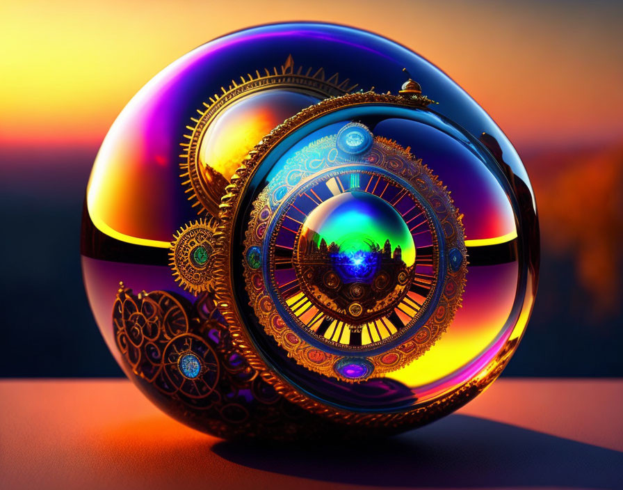 Colorful Ornate Sphere with Intricate Gears and Sunset Landscape Reflection