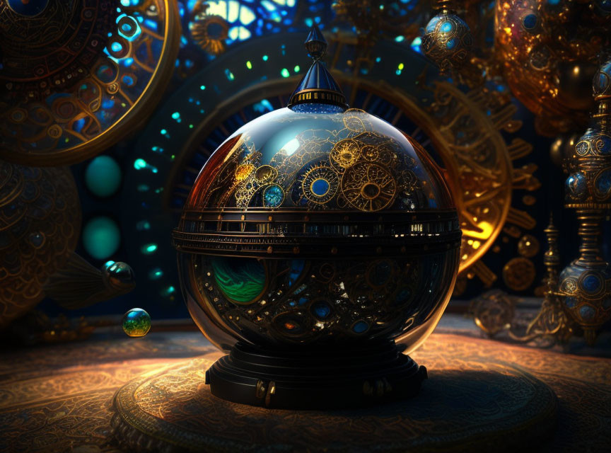 Intricate gear-filled mystical orb with mechanical spheres and glowing turquoise lights