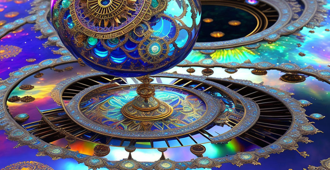 Intricate Blue and Gold Fractal Image with Geometric Patterns