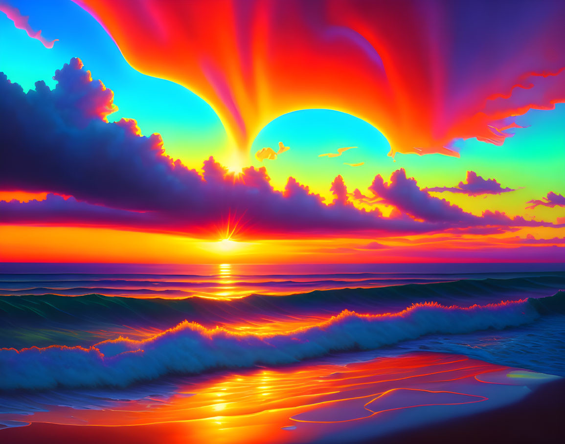 Colorful ocean sunset with dramatic clouds and water reflections