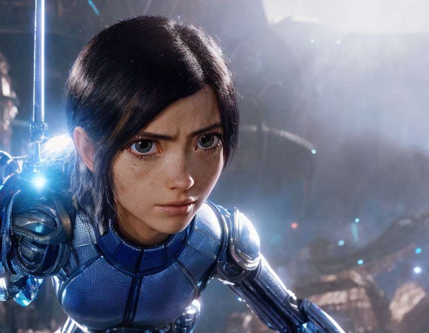 Female CGI character with expressive eyes in futuristic armor with glowing weapon.