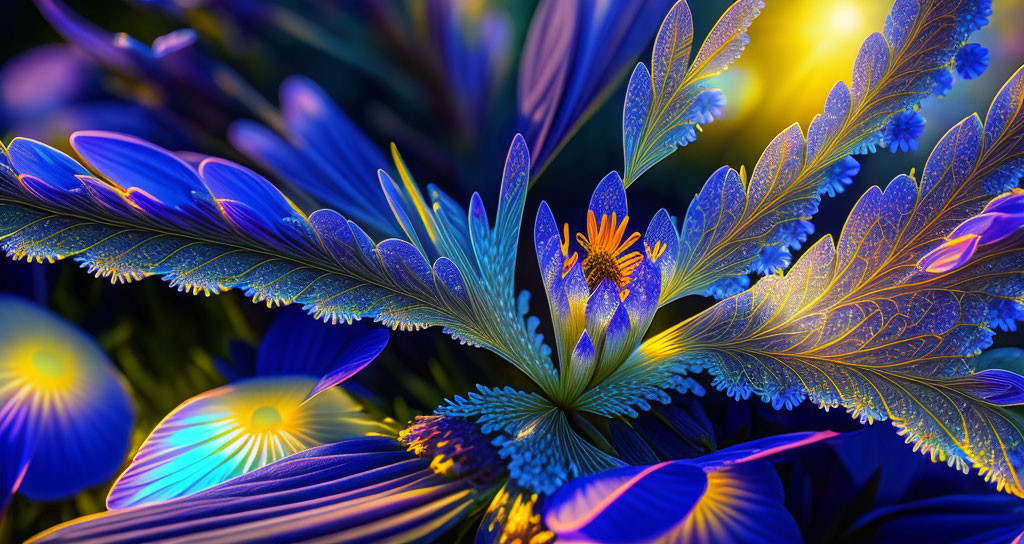 Abstract Neon Blue and Purple Flowers on Dark Background