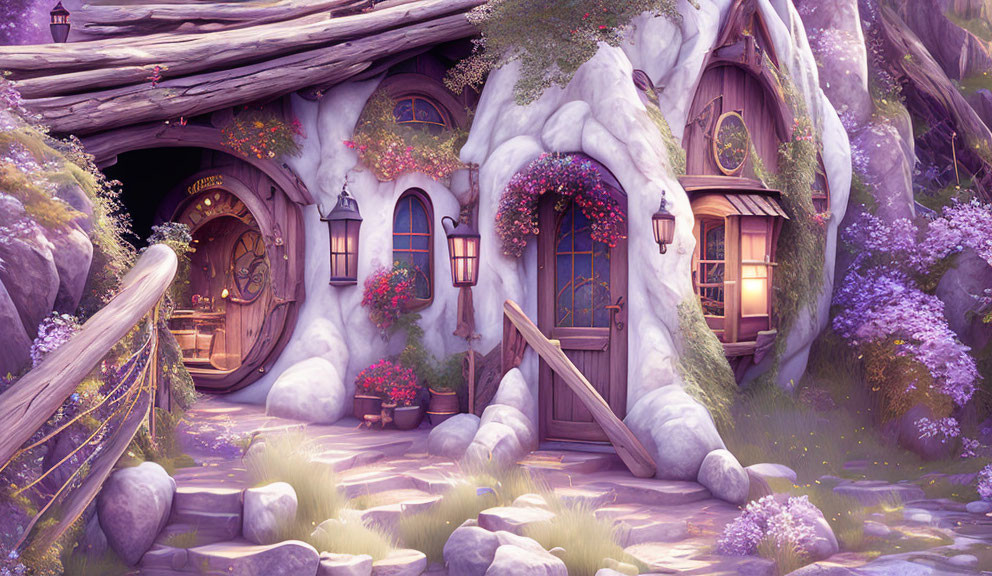 Whimsical fairy-tale cottage with thatched roof and round windows