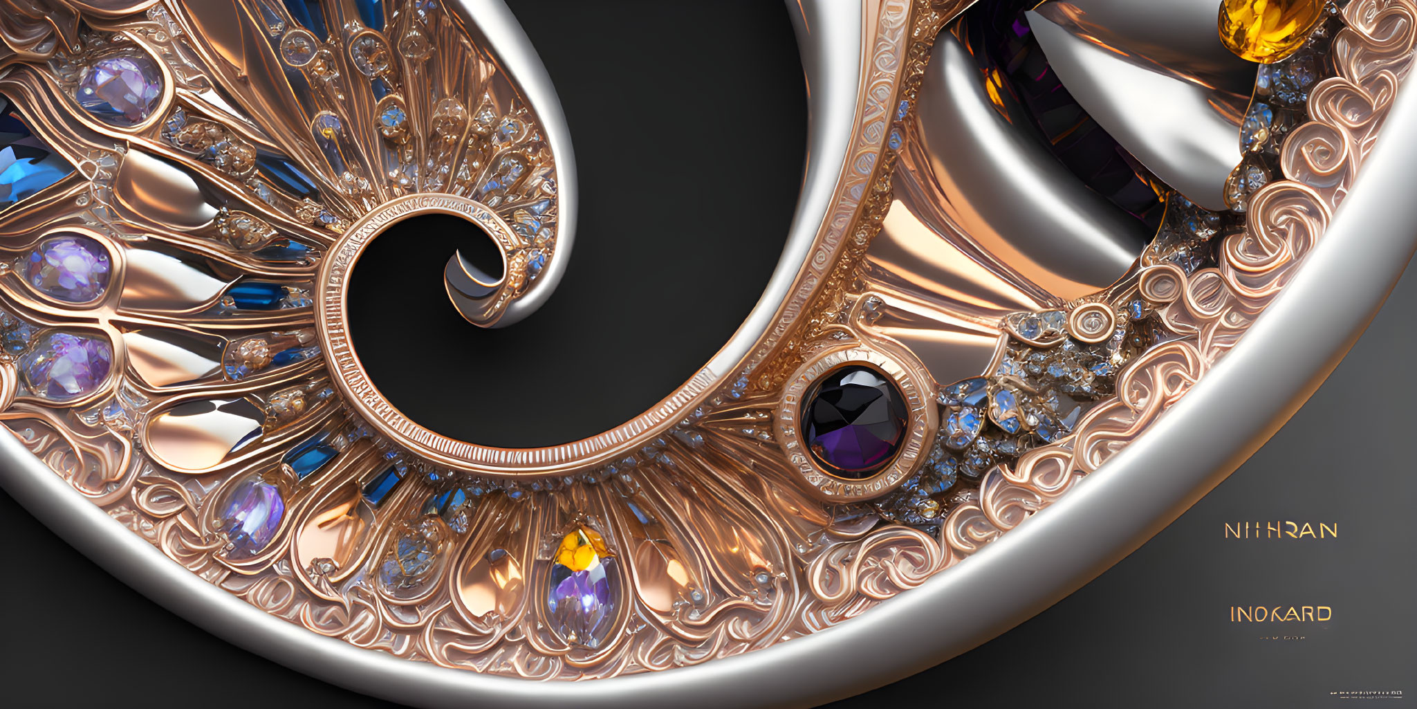 Detailed digital artwork featuring jeweled, swirling ornament on gray background