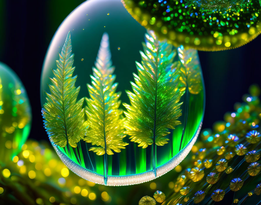 Digital artwork: Glass sphere with green fern plants on bokeh background