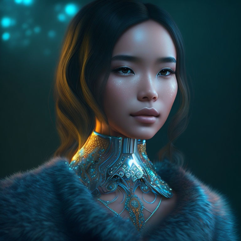 Digital art portrait: Woman with metallic collar, teal accents, fur coat, bokeh light background