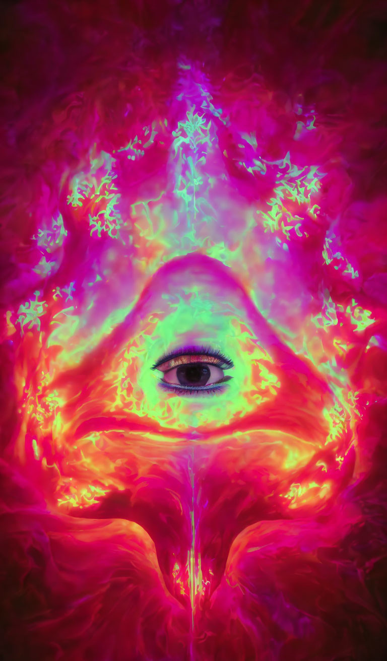 Abstract artwork: Single eye in vibrant neon colors.