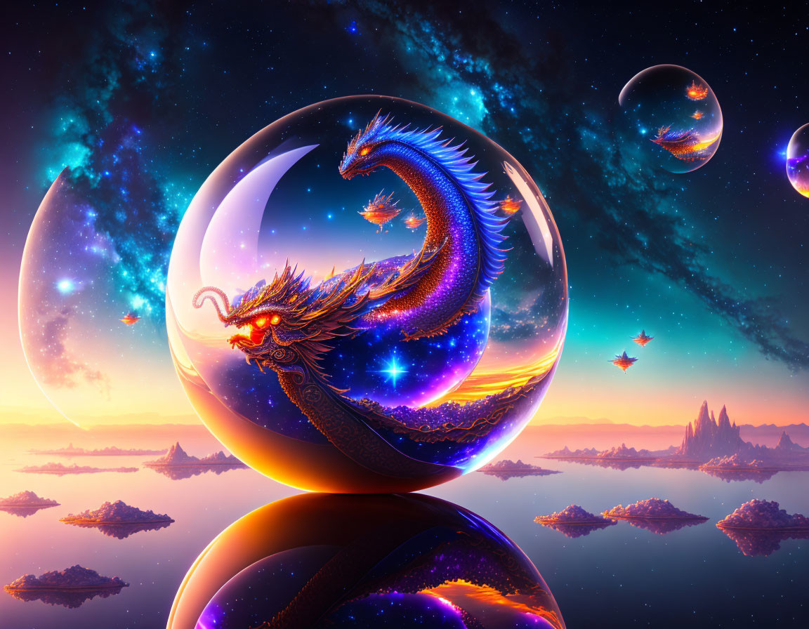 Colorful digital artwork features majestic dragon in sphere on cosmic background.