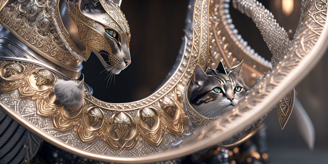 Hyper-realistic metallic cat mask mirroring lifelike tabby cat face