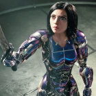 Female robot 3D illustration with blue eyes, black hair, sword, intricate metallic and purple armor