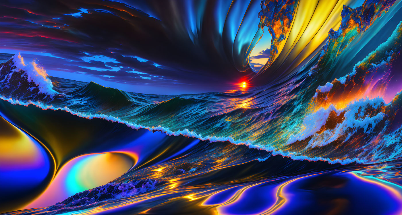 Abstract Digital Art: Swirling Waves and Mountains in Vibrant Colors