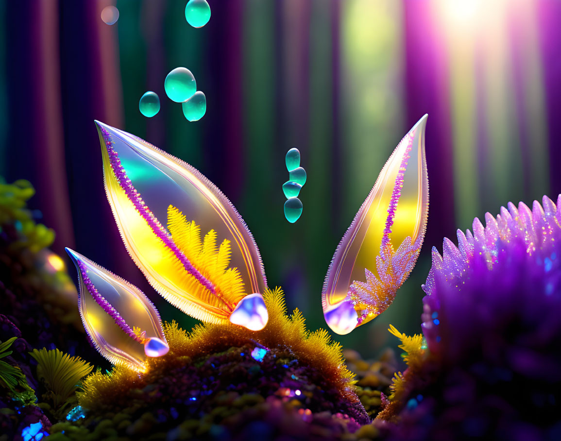 Colorful digital artwork of glowing fantasy leaves in enchanted forest