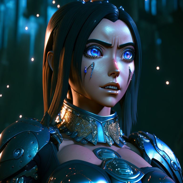 Female warrior with blue eyes and dark hair in intricate armor on dark, moody background.