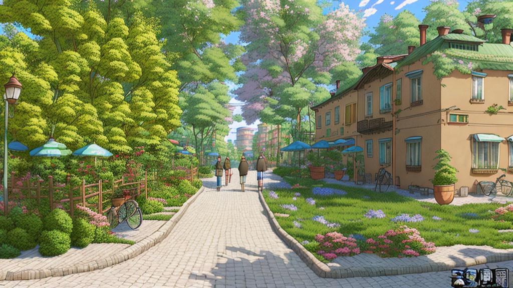 Tranquil tree-lined street with couple, buildings, cafes, and bicycles