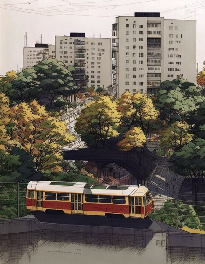 Vintage Tram Crossing Stone Bridge in Autumn Cityscape