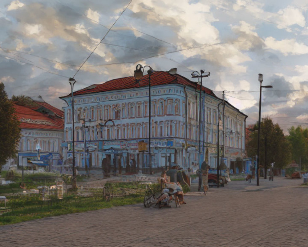 Serene street corner at dusk with ornate blue building, people, bicycles