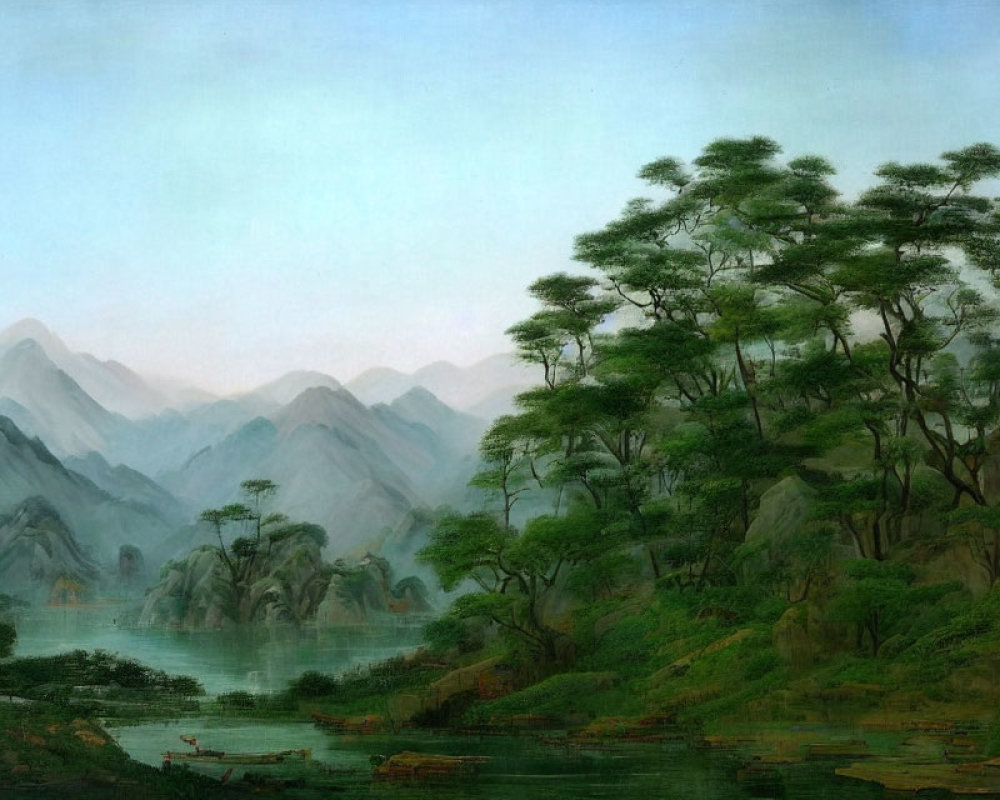 Tranquil landscape painting of serene lake, lush greenery, and misty mountains