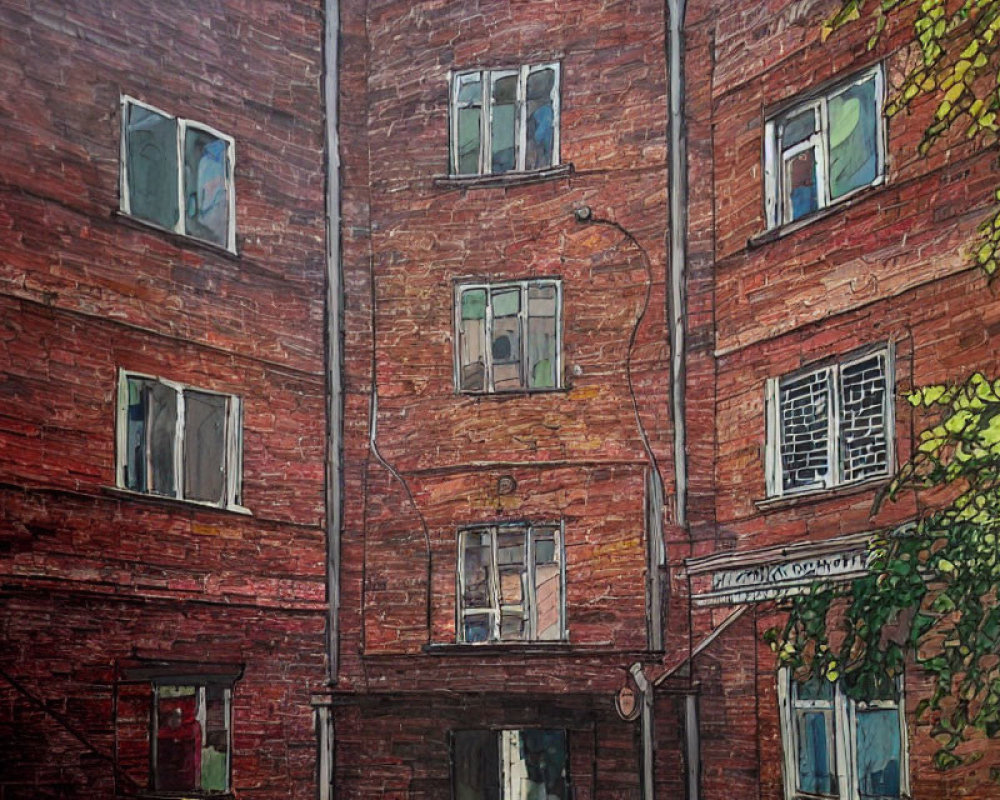 Red-Brick Building Painting with Open Windows and Green Foliage