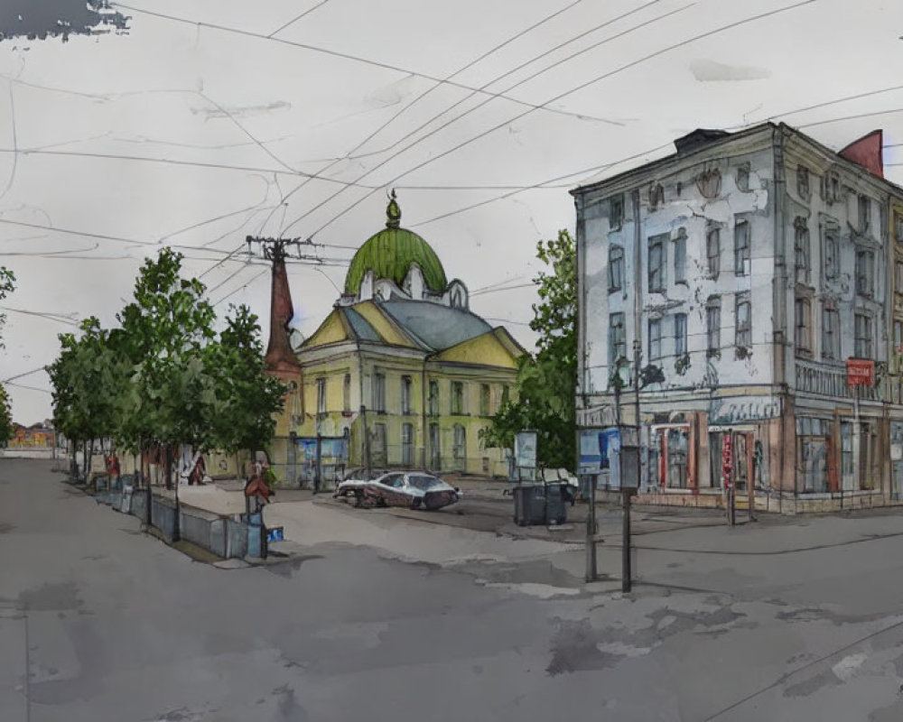 Classical architecture and green-domed building in panoramic street view