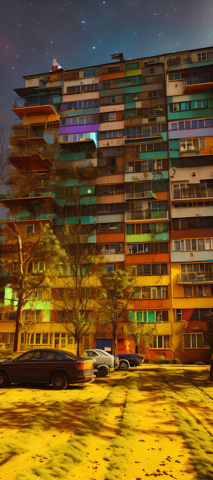 Urban apartment building with starry night sky, lit windows, trees, and streetlights.