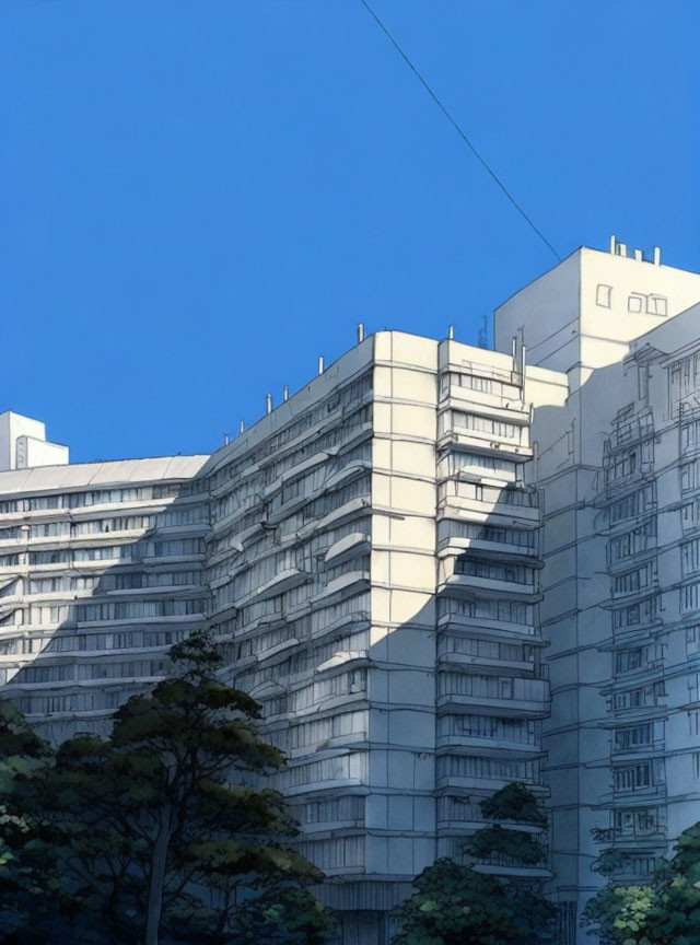 Digital drawing of multi-storied building with balconies against clear blue sky and tree tops.