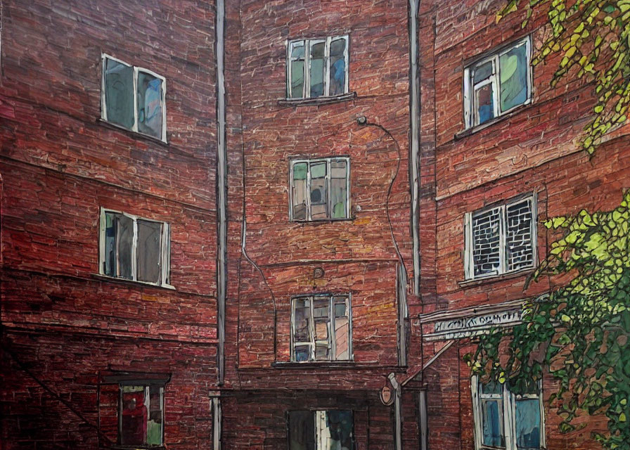 Red-Brick Building Painting with Open Windows and Green Foliage