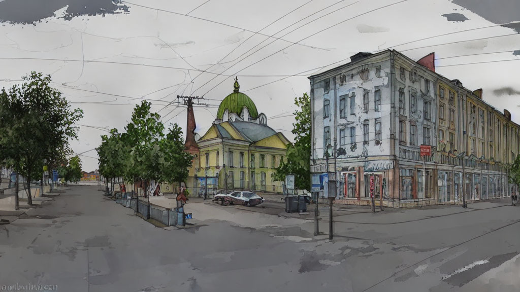 Classical architecture and green-domed building in panoramic street view