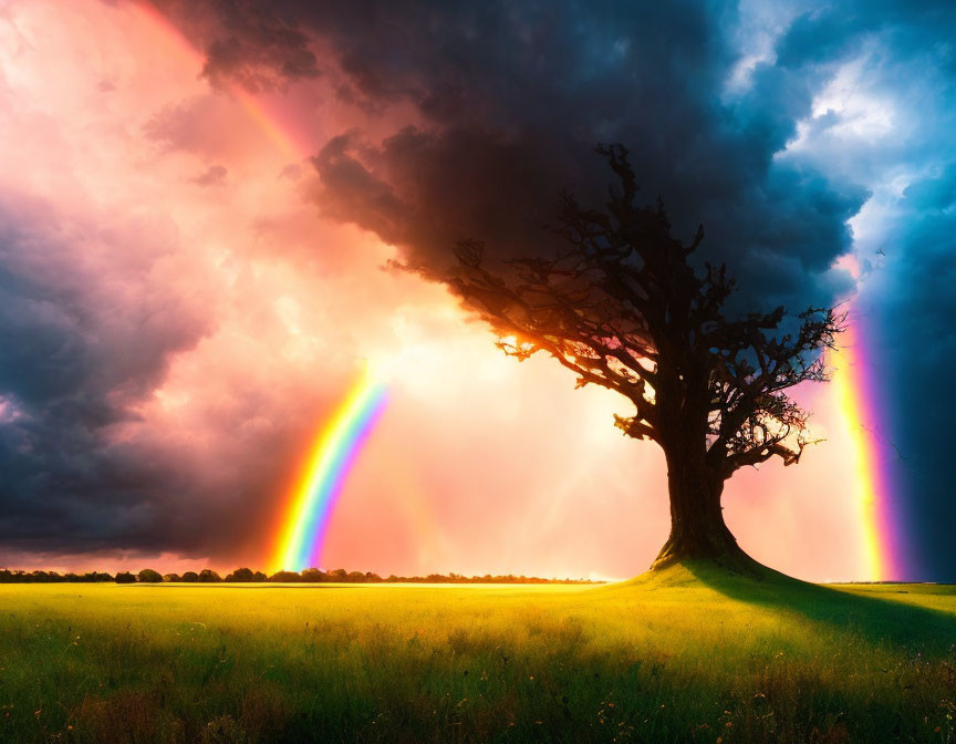 Vivid rainbow over lone tree in lush green field