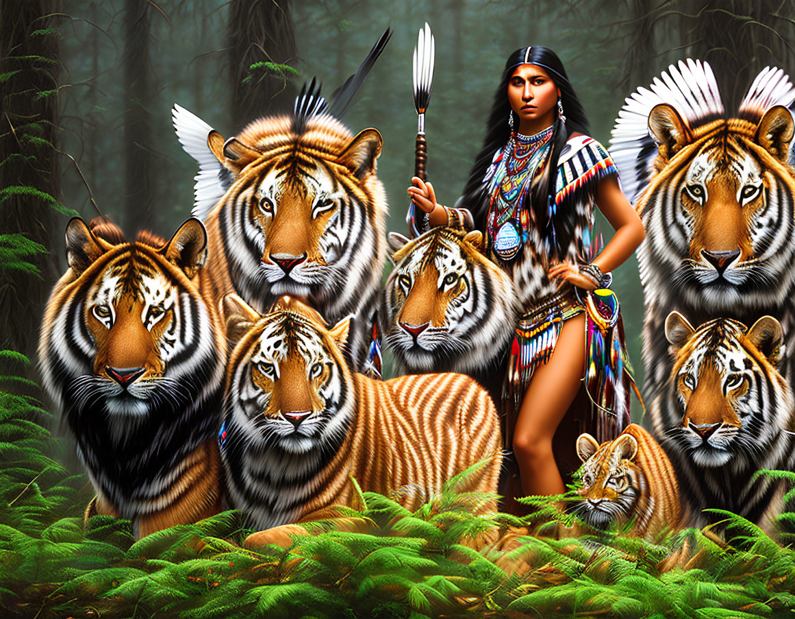 Indigenous woman in traditional attire with tigers in forest landscape