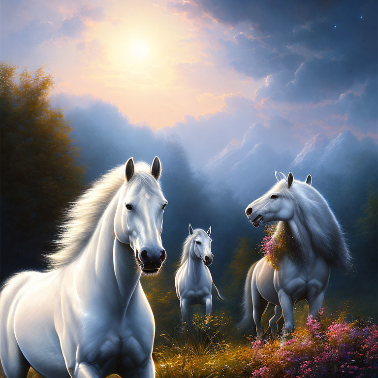 White horses in mystical forest with vibrant flowers at sunset