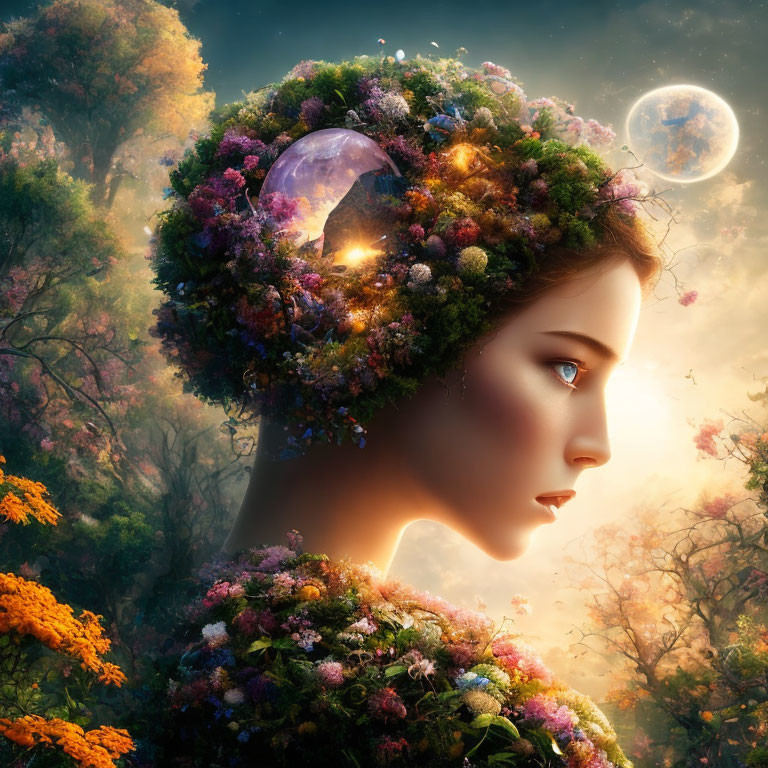 Woman with flora head in mystical forest with two moons