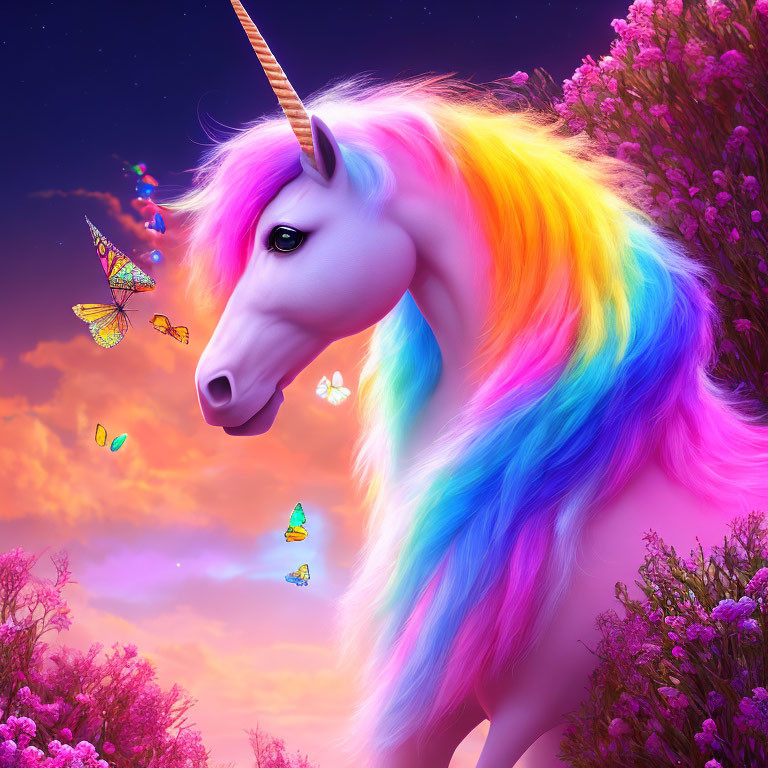 Colorful Unicorn with Rainbow Mane and Butterflies in Purple Sky