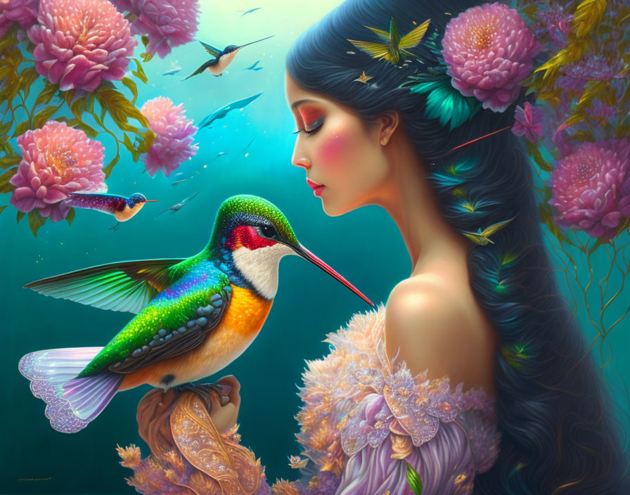 Surreal illustration: Woman with flowers holding hummingbird in magical flora setting