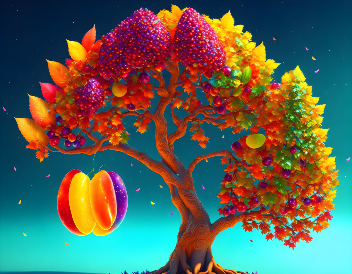 Colorful tree with whimsical leaves and fantastical fruits in surreal landscape