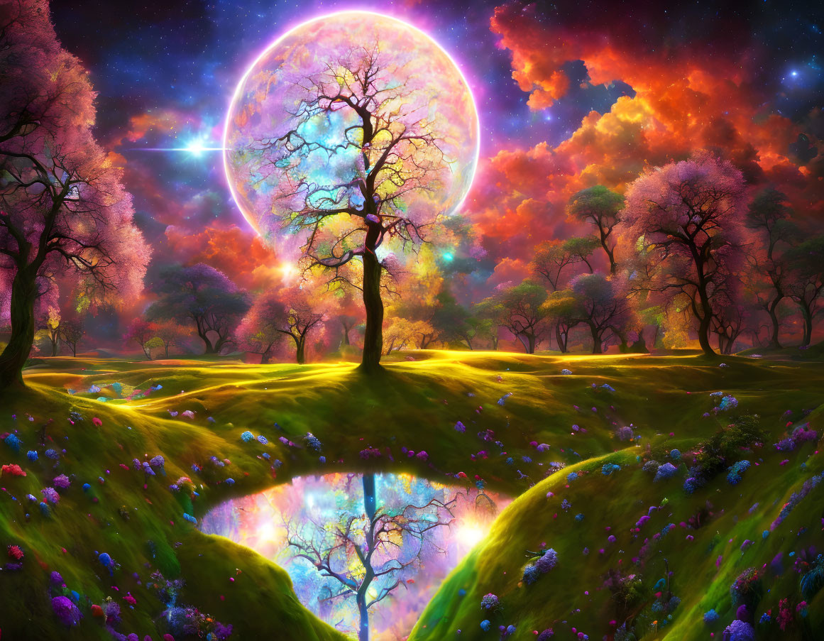 Colorful fantasy landscape with glowing tree and celestial reflection in pond