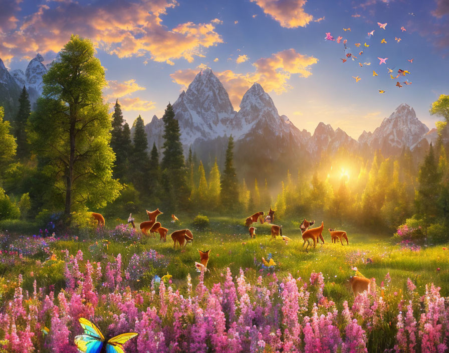 Tranquil meadow with deer, pink flowers, birds, sunrise, and snowy mountains