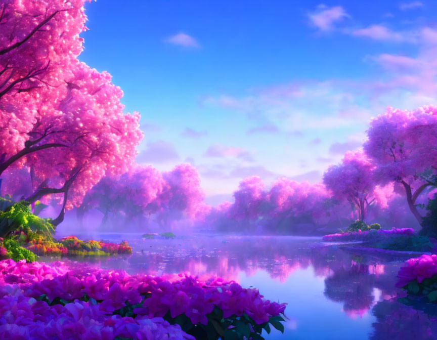 Tranquil pink cherry blossom trees by calm river in misty landscape