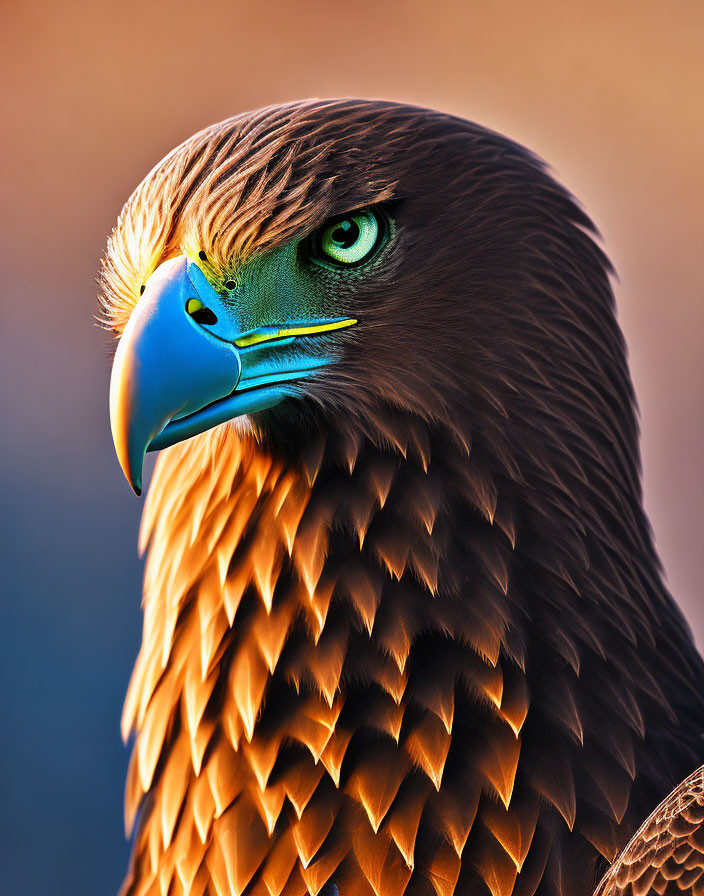Detailed close-up of majestic golden eagle with vivid yellow eyes and strong blue beak.