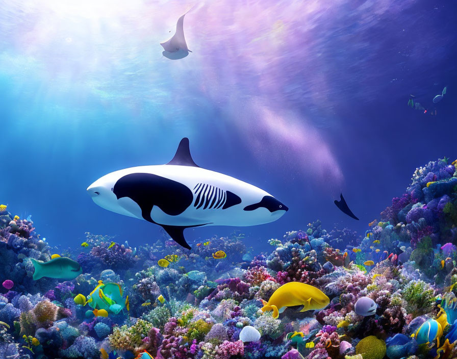 Colorful Coral Reef with Diverse Fish and Orca in Sunlit Ocean