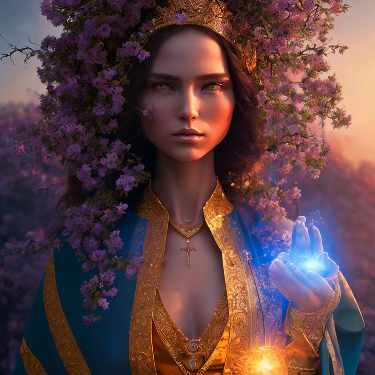 Mystical woman with floral crown and glowing orb in twilight forest