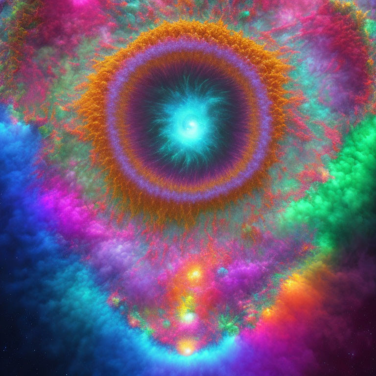 Colorful fractal image of intricate eye-like patterns with glowing center reminiscent of a cosmic nebula