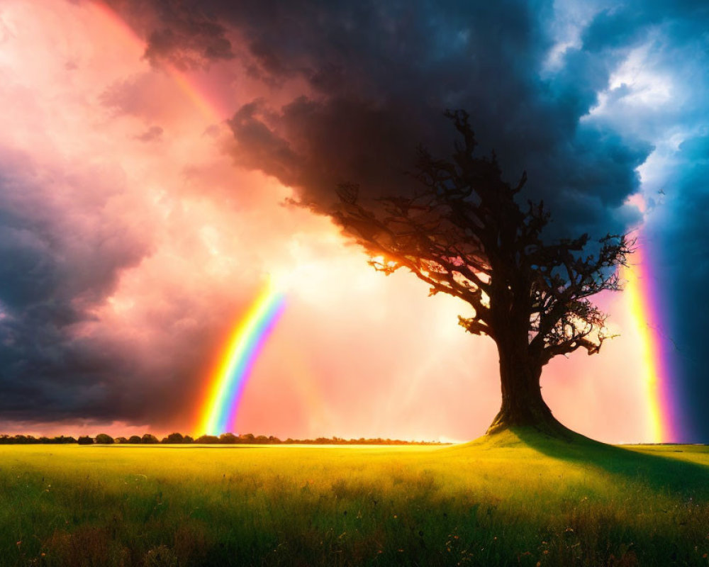 Vivid rainbow over lone tree in lush green field