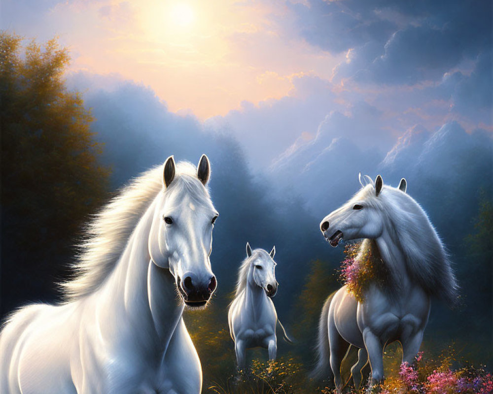 White horses in mystical forest with vibrant flowers at sunset