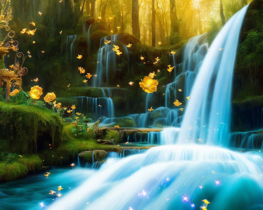 Vibrant blue waterfall in enchanted forest with golden butterflies and glowing roses