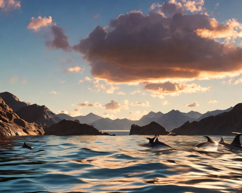 Pod of Dolphins Swimming with Mountains Under Sunset Sky