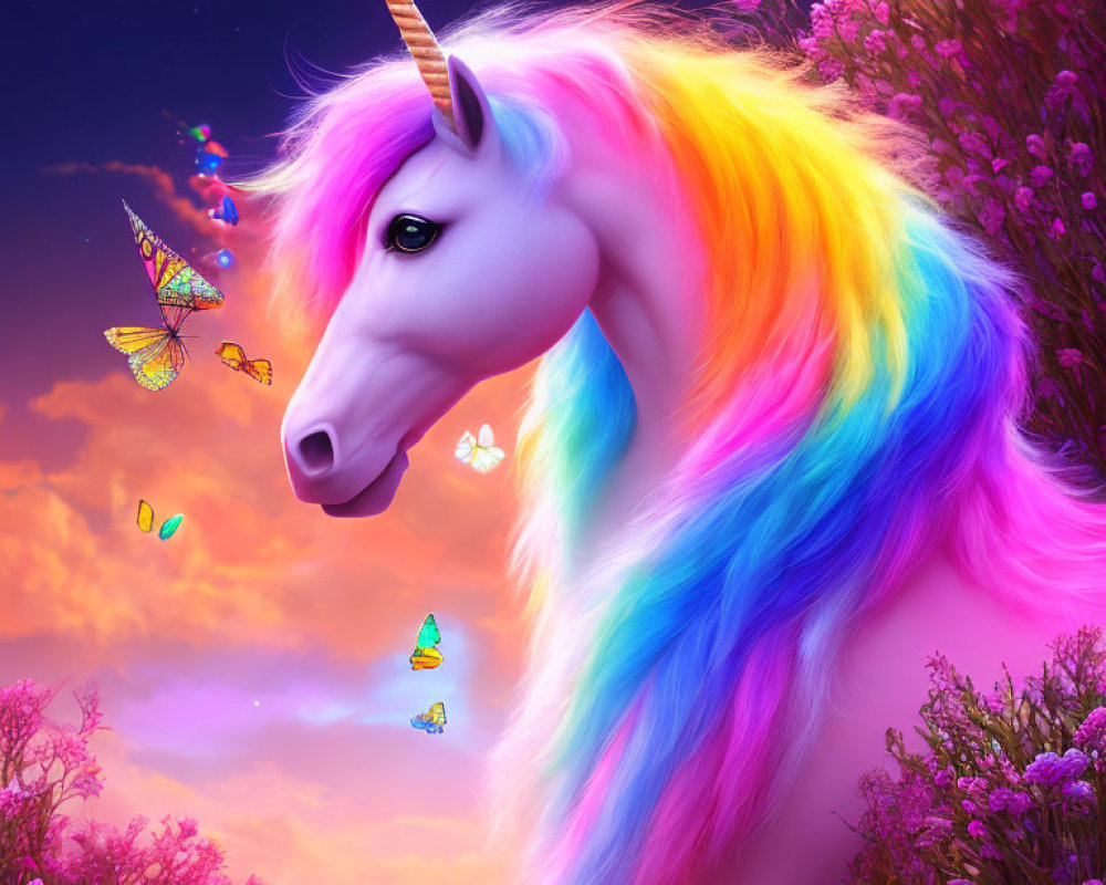 Colorful Unicorn with Rainbow Mane and Butterflies in Purple Sky