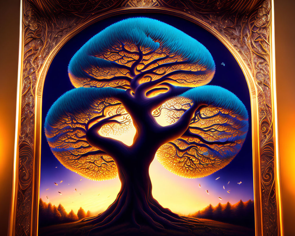 Vibrant blue tree illustration in ornate frame on orange backdrop