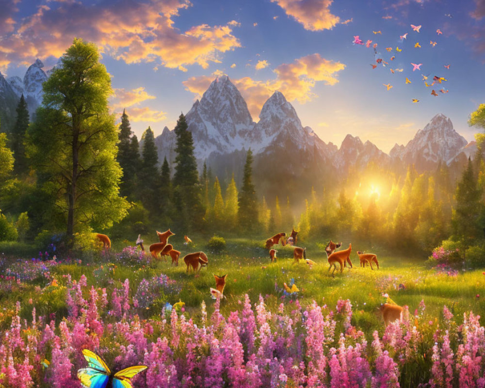 Tranquil meadow with deer, pink flowers, birds, sunrise, and snowy mountains