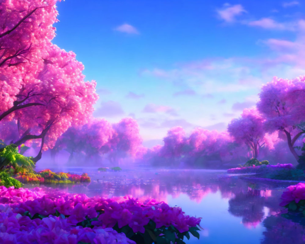 Tranquil pink cherry blossom trees by calm river in misty landscape